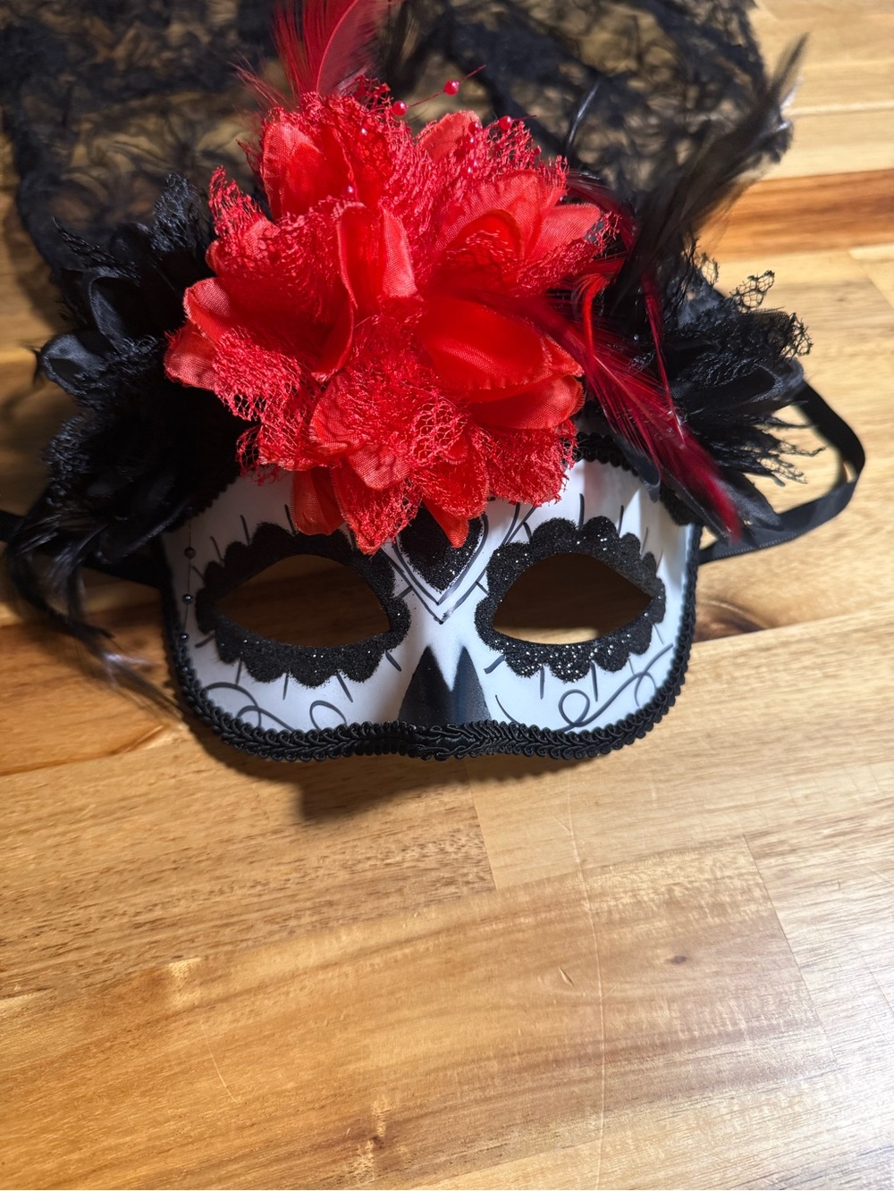 Red & Black Feathered Masquerade Party Mask with Floral Accent day of the dead